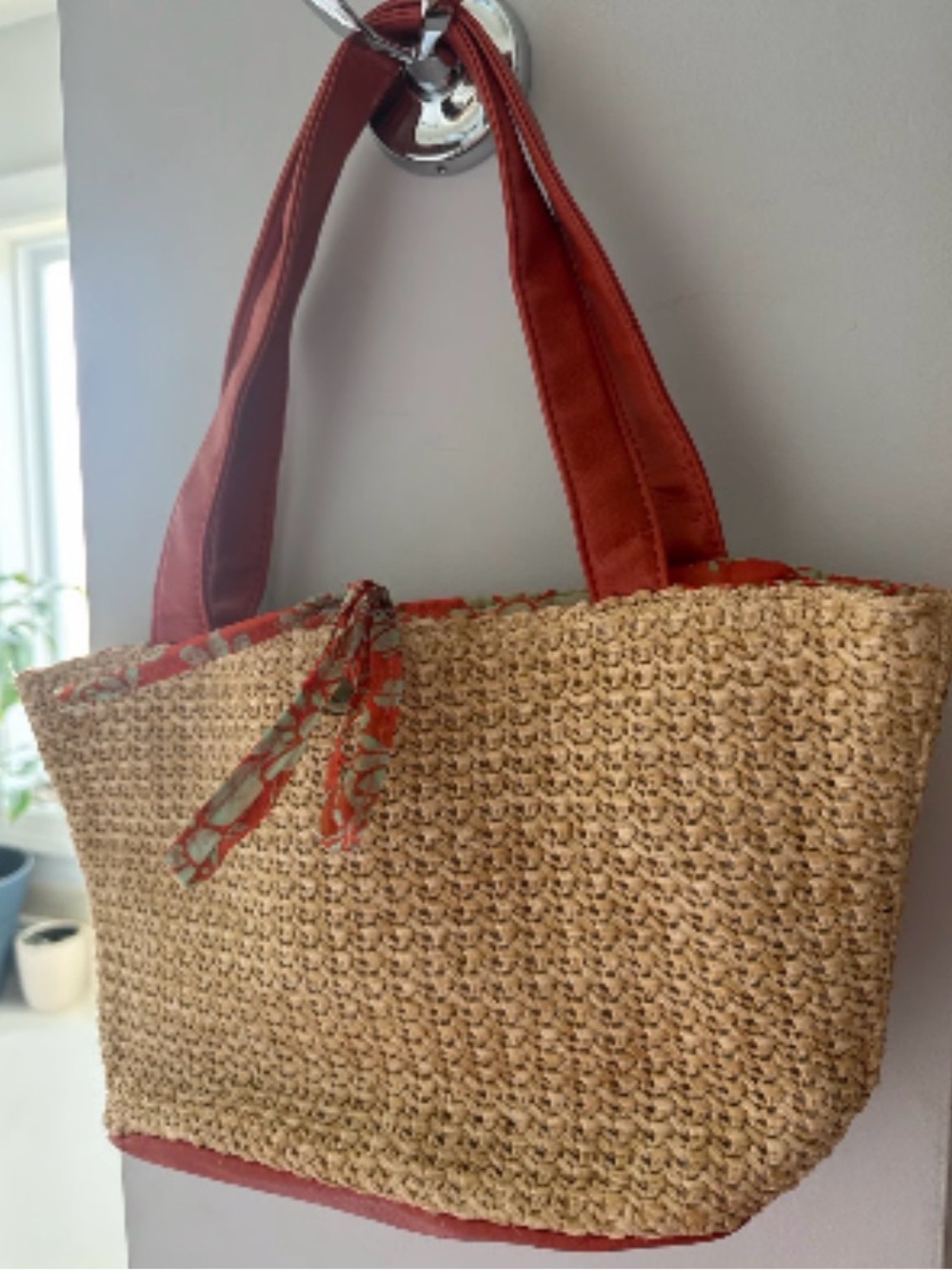 Avon Straw Tote Bag with Terracotta Trim - Women Bags